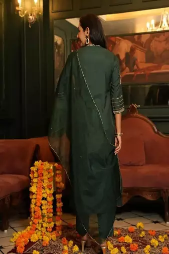 Floral embroidered round neck  cotton kurta trosuer and dupatta set