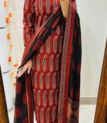 Floral printed v neck pure cotton kurta trosuer and dupatta set