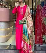 Floral embroidered u neck chinon kurta trosuer and dupatta set