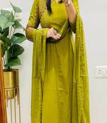 Floral embroidered round neck pure cotton kurta trosuer and dupatta set