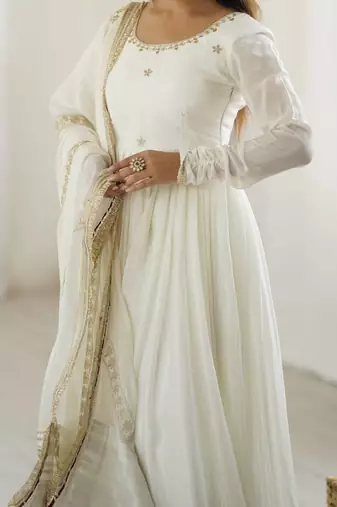 heavy chinon silk thred with sequnce work anarkali gown dupatta set