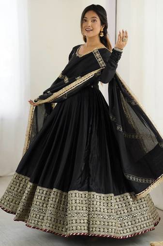 heavy chinon silk thred with sequnce work anarkali gown dupatta set