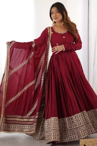 heavy chinon silk thred with sequnce work anarkali gown dupatta set