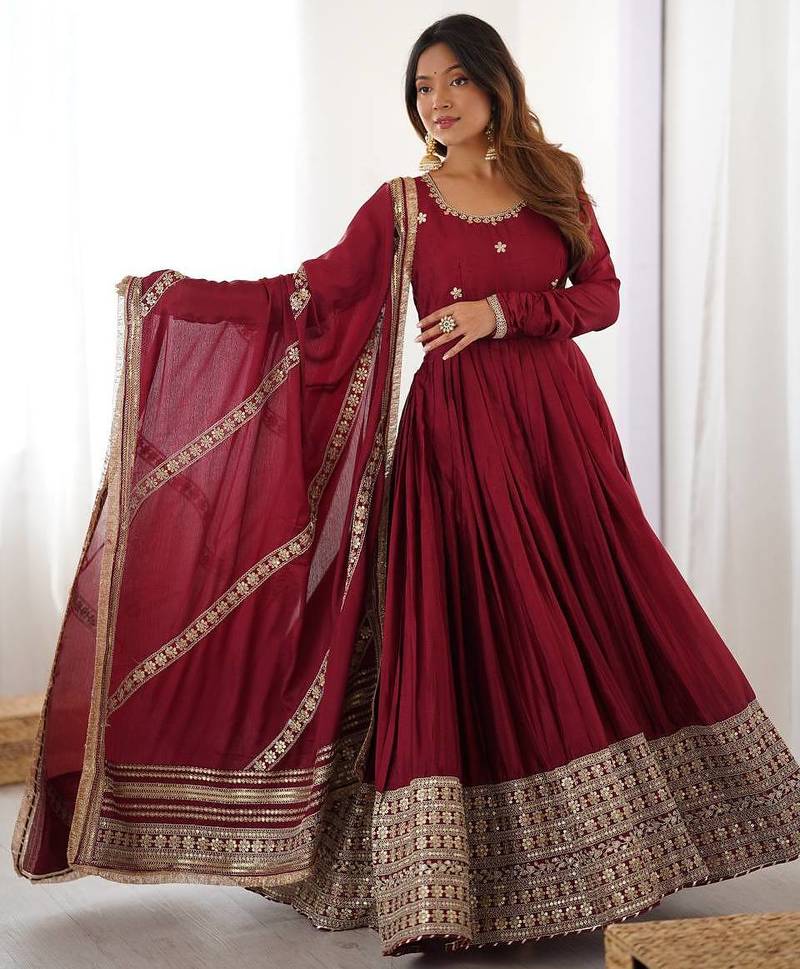 heavy chinon silk thred with sequnce work anarkali gown dupatta set