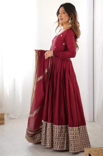 heavy chinon silk thred with sequnce work anarkali gown dupatta set