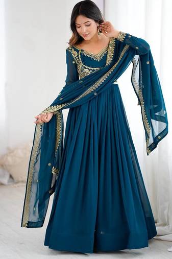 Faux georgette designer embroidery with sequince work anarkali, pant with dupatta set