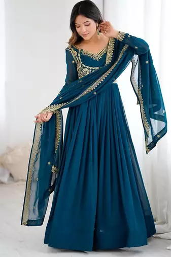 Faux georgette designer embroidery with sequince work anarkali, pant with dupatta set