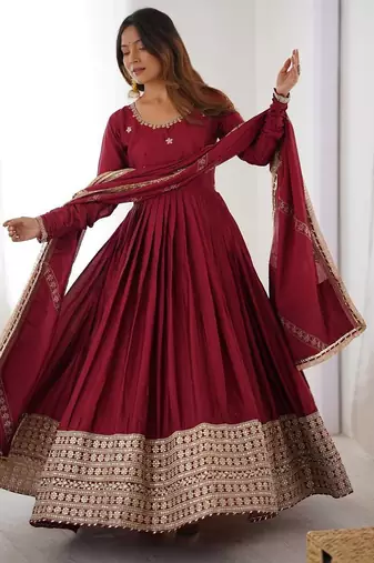 heavy chinon silk thred with sequnce work anarkali gown dupatta set