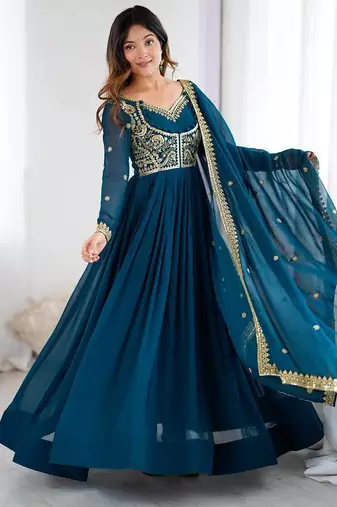 Faux georgette designer embroidery with sequince work anarkali, pant with dupatta set
