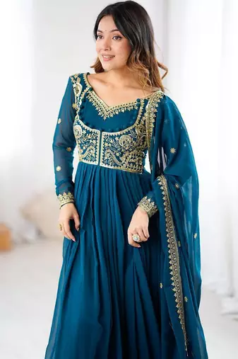 Faux georgette designer embroidery with sequince work anarkali, pant with dupatta set