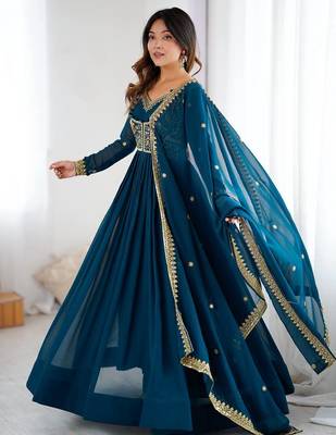 Faux georgette designer embroidery with sequince work anarkali, pant with dupatta set 4