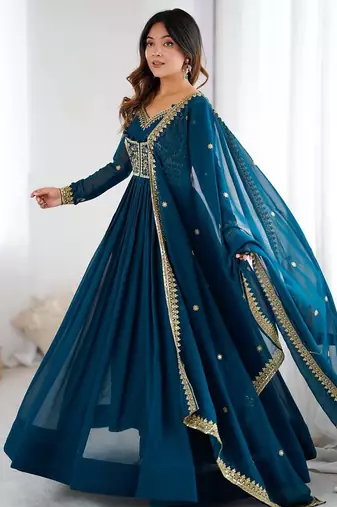 Faux georgette designer embroidery with sequince work anarkali, pant with dupatta set