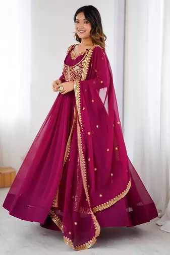 Faux georgette designer embroidery with sequince work anarkali, pant with dupatta set