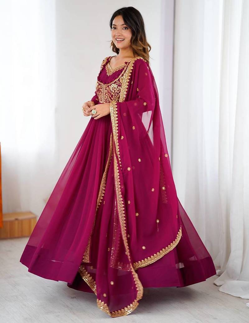 Faux georgette designer embroidery with sequince work anarkali, pant with dupatta set