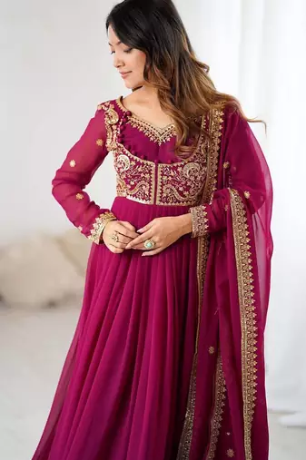 Faux georgette designer embroidery with sequince work anarkali, pant with dupatta set