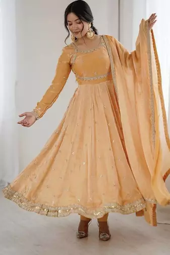 Fandy silk with coding sequence wrok anarkali gown, pant with dupatta set