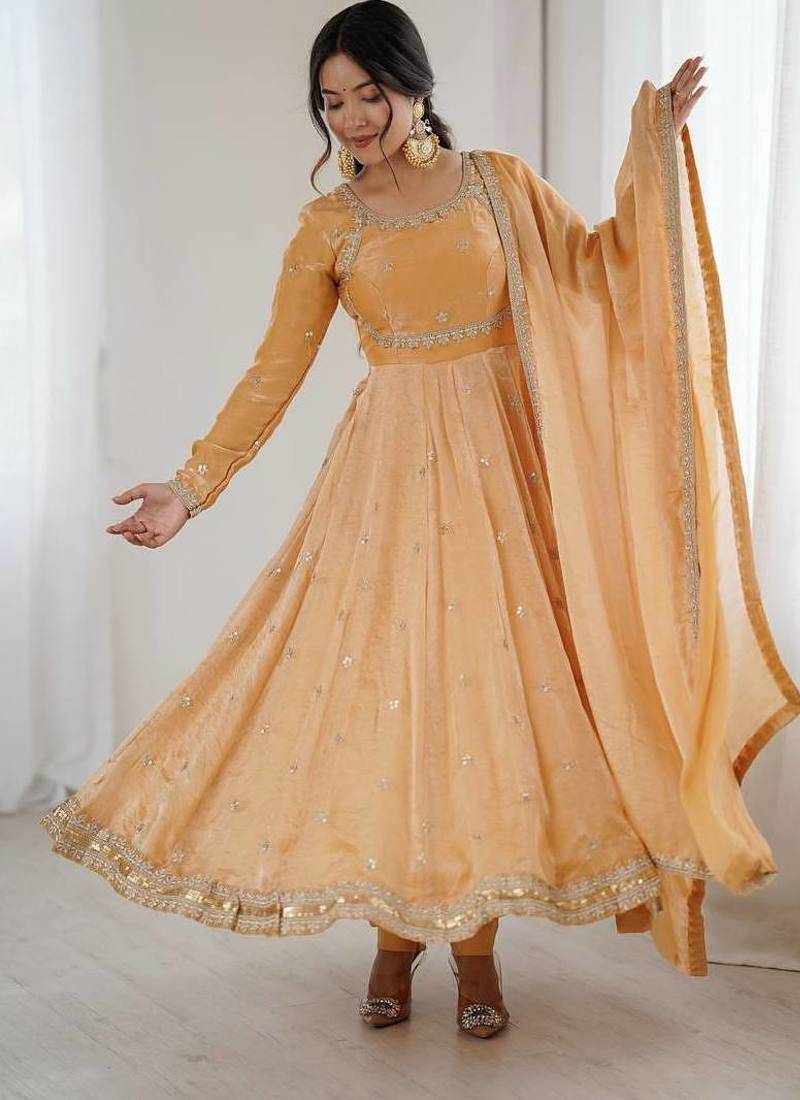 Fandy silk with coding sequence wrok anarkali gown, pant with dupatta set