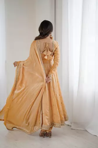 Fandy silk with coding sequence wrok anarkali gown, pant with dupatta set