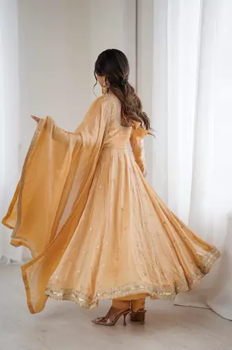Fandy silk with coding sequence wrok anarkali gown, pant with dupatta set