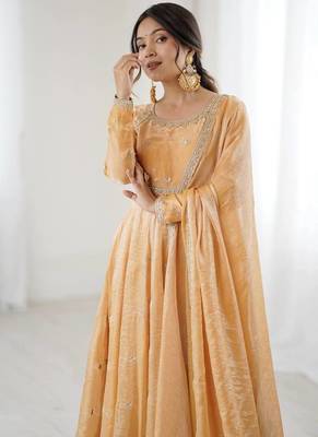 Fandy silk with coding sequence wrok anarkali gown, pant with dupatta set 4