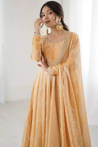 Fandy silk with coding sequence wrok anarkali gown, pant with dupatta set