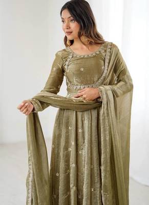 Fandy silk with coding sequence wrok anarkali gown, pant with dupatta set 2