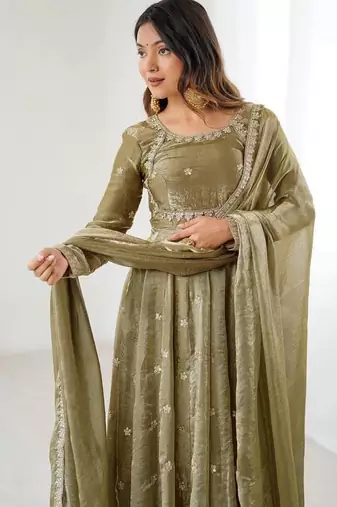 Fandy silk with coding sequence wrok anarkali gown, pant with dupatta set