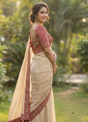 Cream Color Hand Work Satin art silk saree 1