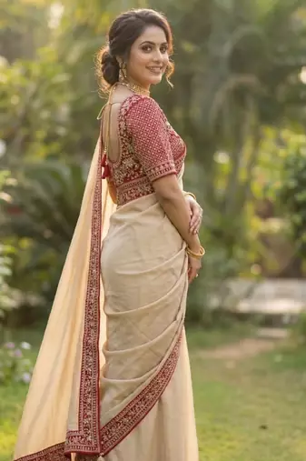 Cream Color Hand Work Satin Silk Saree