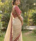 Cream Color Hand Work Satin Silk Saree