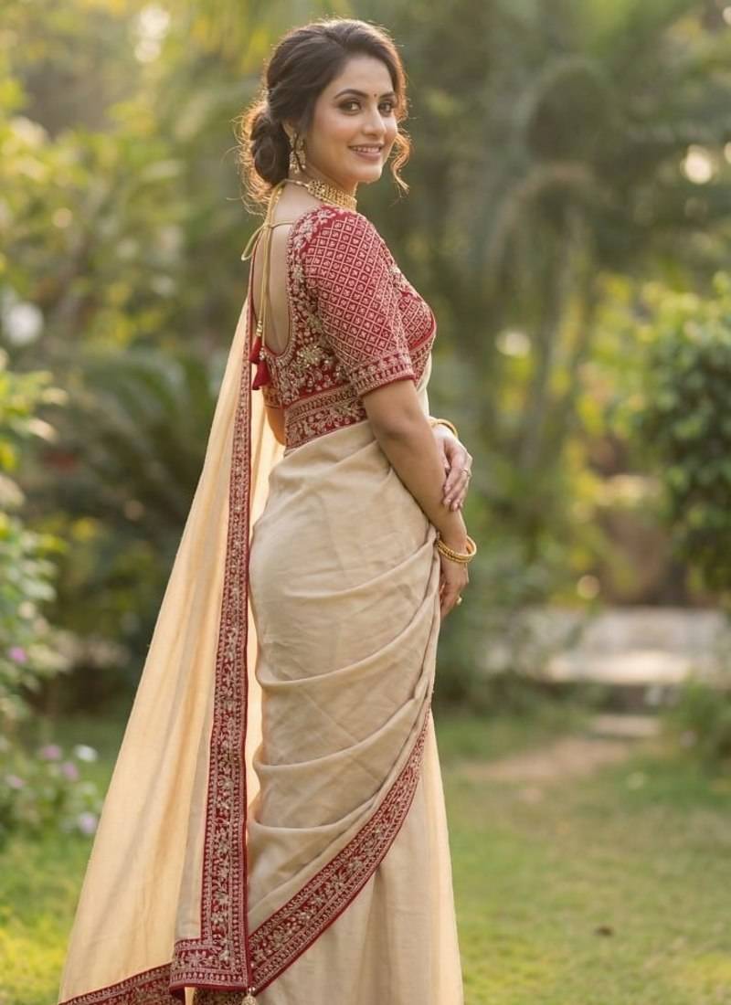 Cream Color Hand Work Satin Silk Saree
