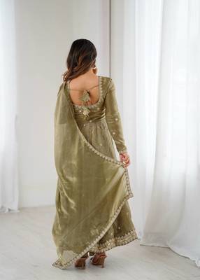 Fandy silk with coding sequence wrok anarkali gown, pant with dupatta set 3