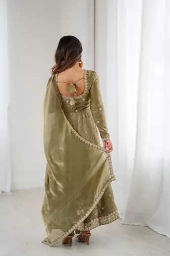 Fandy silk with coding sequence wrok anarkali gown, pant with dupatta set