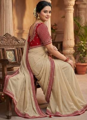 Cream Color Hand Work Satin art silk saree 2