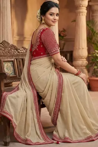 Cream Color Hand Work Satin Silk Saree