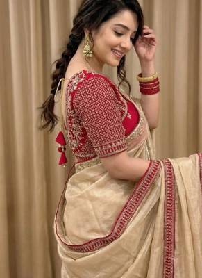 Cream Color Hand Work Satin art silk saree 3