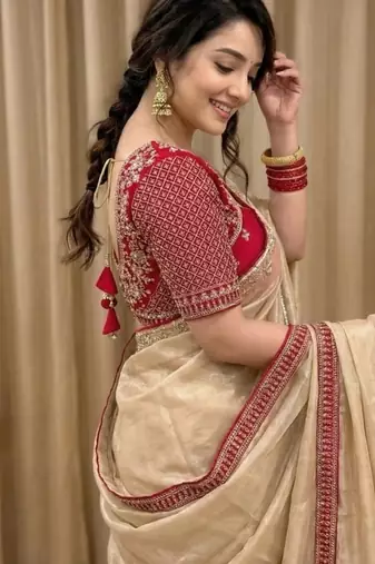Cream Color Hand Work Satin Silk Saree