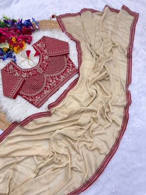 Cream Color Hand Work Satin art silk saree 4