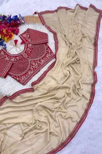 Cream Color Hand Work Satin Silk Saree