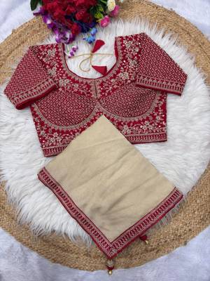 Cream Color Hand Work Satin art silk saree 5