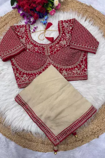 Cream Color Hand Work Satin Silk Saree
