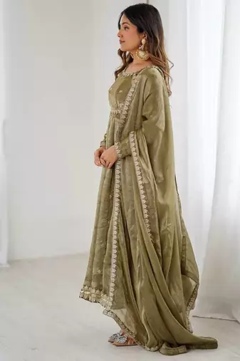 Fandy silk with coding sequence wrok anarkali gown, pant with dupatta set