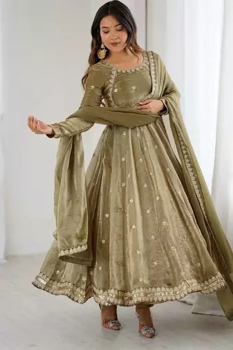 Fandy silk with coding sequence wrok anarkali gown, pant with dupatta set