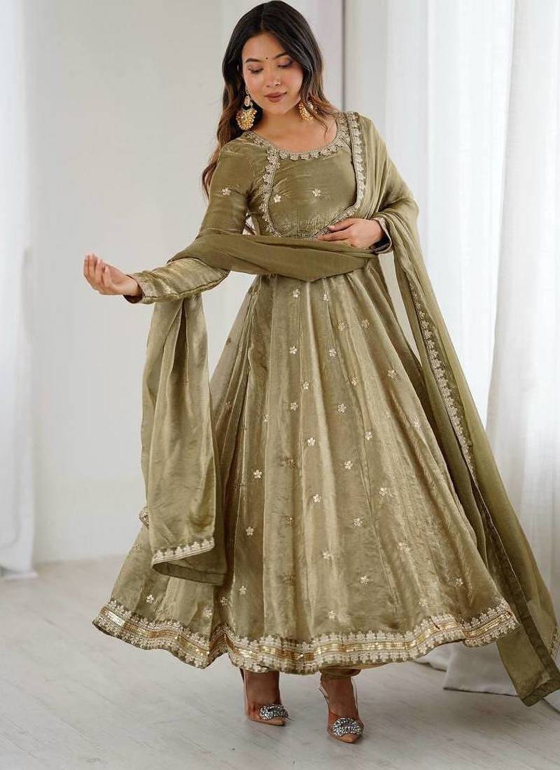 Fandy silk with coding sequence wrok anarkali gown, pant with dupatta set
