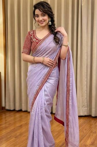 Lavender Color Hand Work Satin Silk Saree