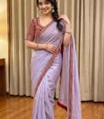 Lavender Color Hand Work Satin Silk Saree