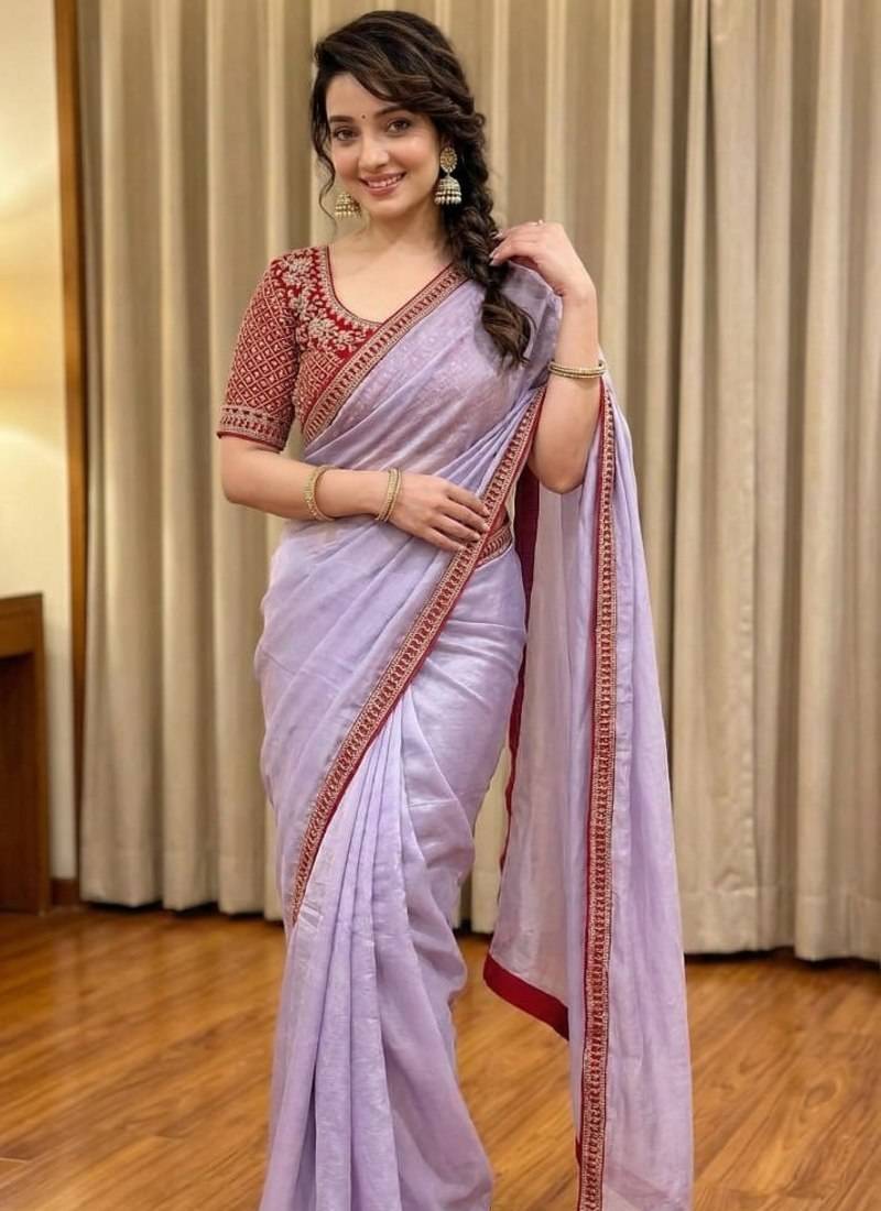 Lavender Color Hand Work Satin Silk Saree