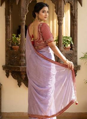 Lavender Color Hand Work Satin art silk saree 2