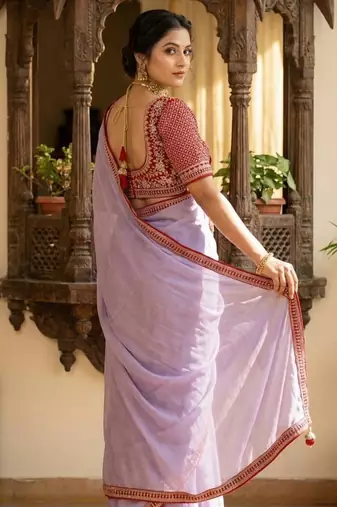 Lavender Color Hand Work Satin art silk saree