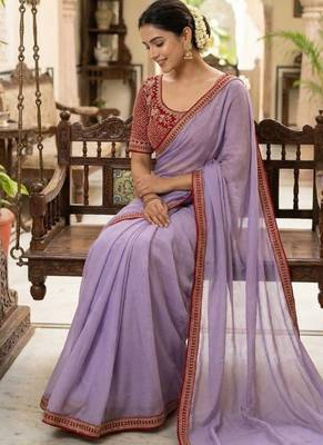 Lavender Color Hand Work Satin art silk saree 3